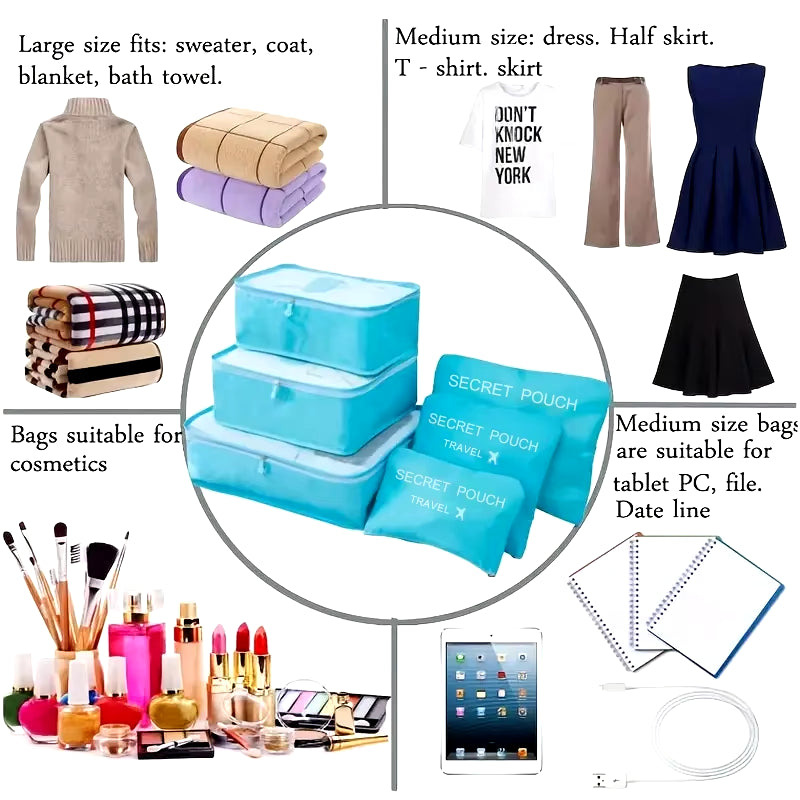 6 Pcs/Set Pink/Blue/Grey Travel Storage Bag Large Capacity Waterproof Luggage Clothing Underwear Storage with Zipper